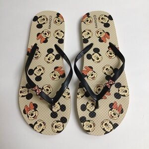 Disney Flip Flops Women’s SZ 10 1/2 Mickey and Minnie Mouse Sandals Red Bows Tan
